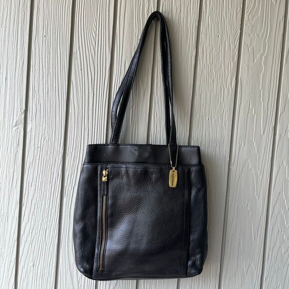 VTG Evan-Picone Black Leather Tote Bag Full Grain Brass Hang Tag Multi Pocket Pu - Picture 1 of 13